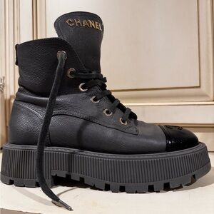 Authentic & Excellent Condition CHANEL Black Lace-Up Women's Boots